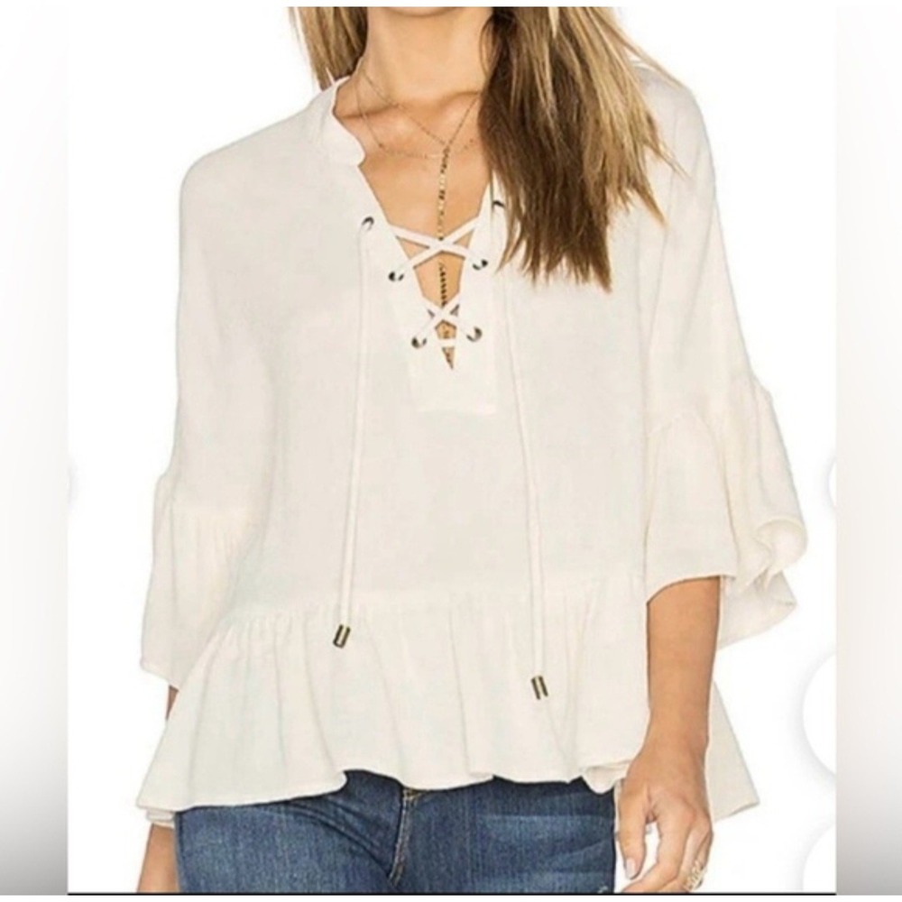 Frye‎ Lace Up Sheer Ruffle Top in Cream Women's Size L Coastal Cowgirl flaw